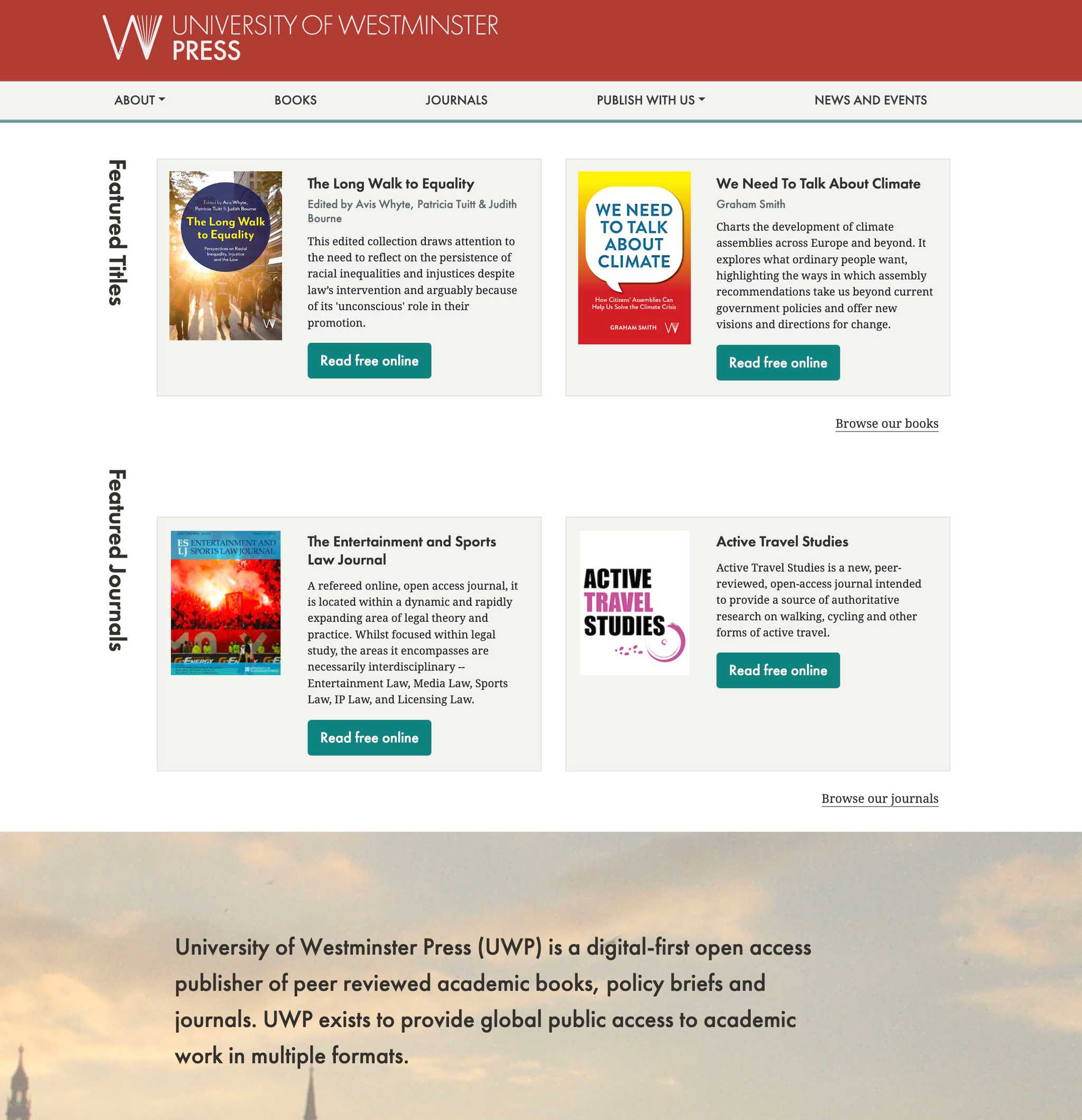 screenshot of new University of Westminster Press website